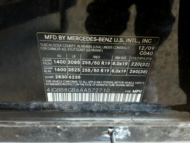 4JGBB8GB6AA572710 - 2010 MERCEDES-BENZ ML 350 4MA BLACK photo 10