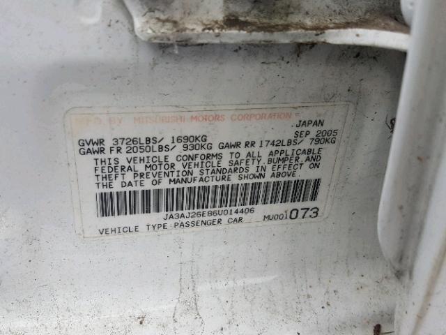 JA3AJ26E86U014406 - 2006 MITSUBISHI LANCER ES WHITE photo 10