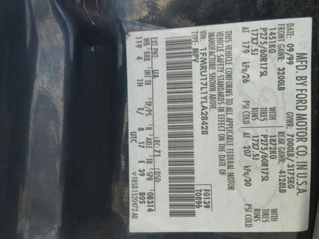 1FMRU17L1YLA28428 - 2000 FORD EXPEDITION BLACK photo 10