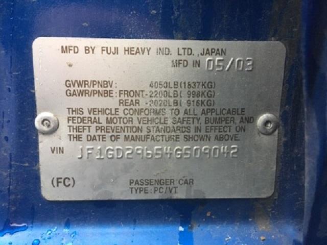 JF1GD29654G509042 - 2004 SUBARU IMPREZA WR BLUE photo 10