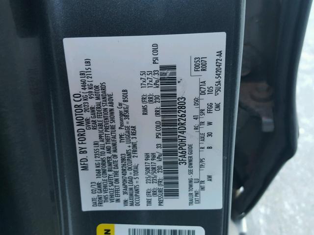 3FA6P0H74DR262803 - 2013 FORD FUSION SE GRAY photo 10