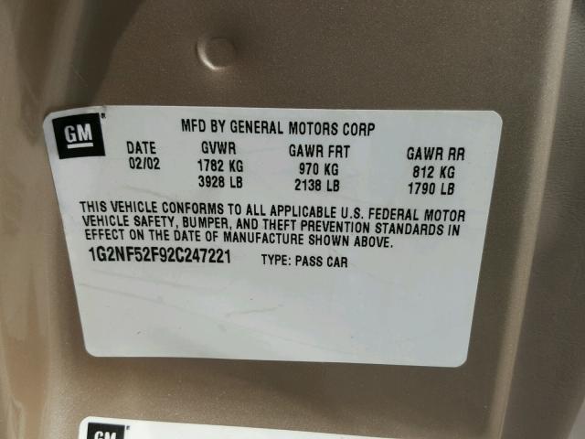 1G2NF52F92C247221 - 2002 PONTIAC GRAND AM S Qızıl foto 10