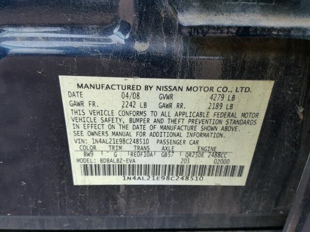 1N4AL21E98C248510 - 2008 NISSAN ALTIMA 2.5 BLUE photo 10