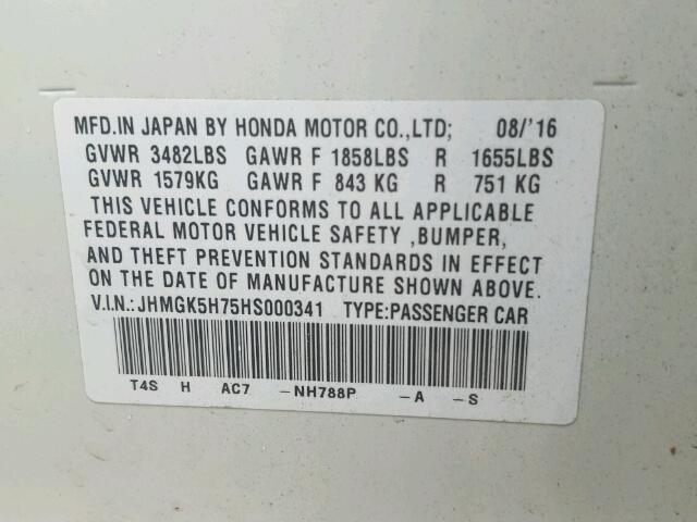 JHMGK5H75HS000341 - 2017 HONDA FIT WHITE photo 10