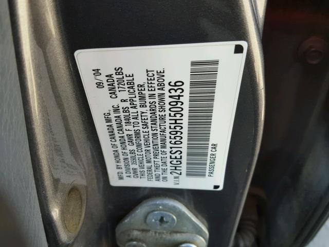 2HGES16595H509436 - 2005 HONDA CIVIC LX GRAY photo 10