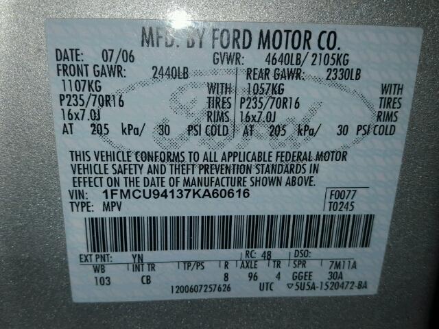 1FMCU94137KA60616 - 2007 FORD ESCAPE LIM SILVER photo 10