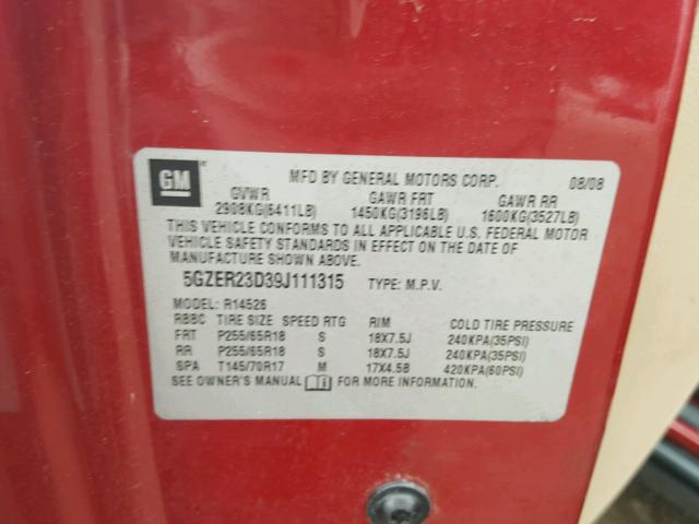 5GZER23D39J111315 - 2009 SATURN OUTLOOK XR წითელი ფოტო 10