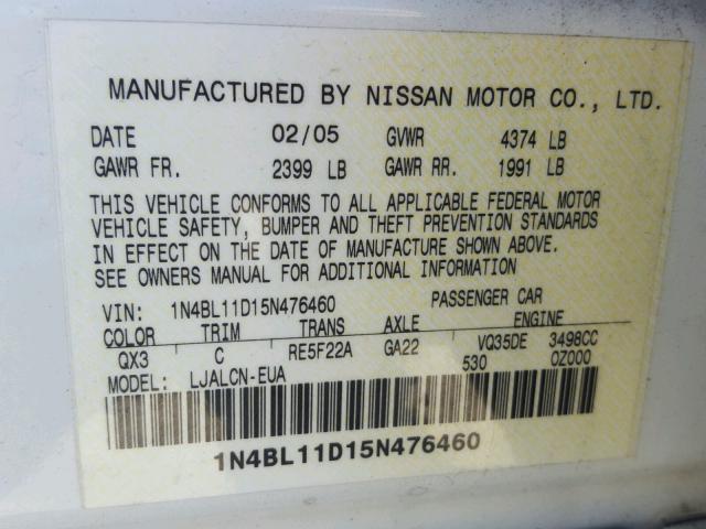 1N4BL11D15N476460 - 2005 NISSAN ALTIMA SE WHITE photo 10