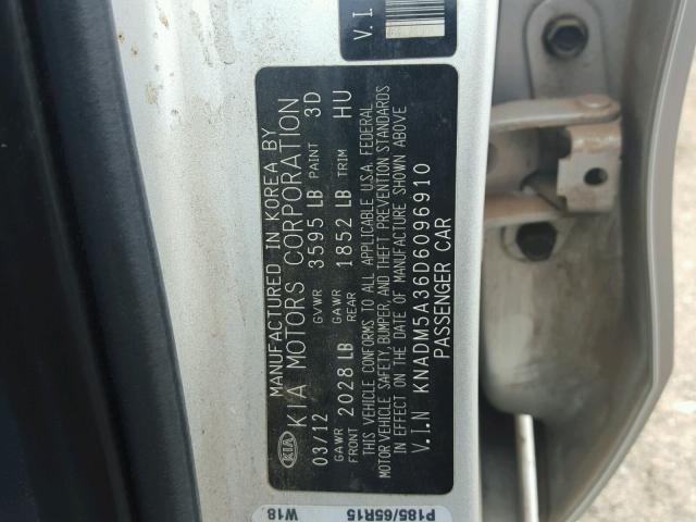 KNADM5A36D6096910 - 2013 KIA RIO LX SILVER photo 10