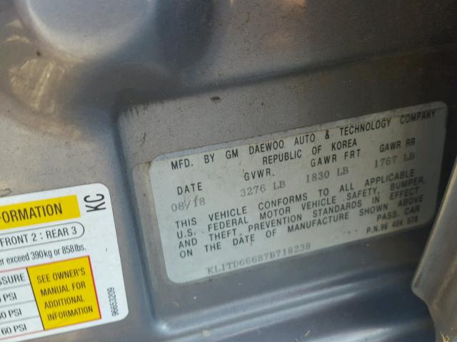 KL1TD66687B718238 - 2007 CHEVROLET AVEO BASE 灰色 照片 10