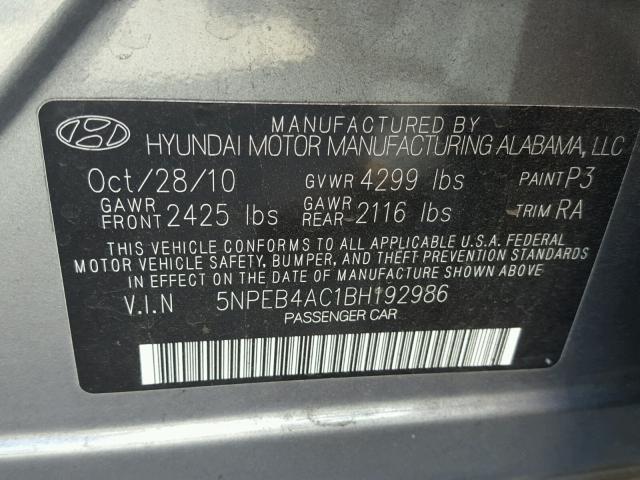 5NPEB4AC1BH192986 - 2011 HYUNDAI SONATA GLS CHARCOAL photo 10