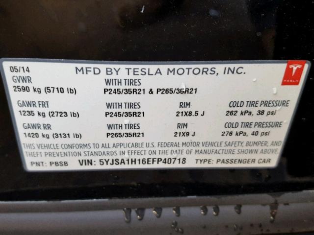 5YJSA1H16EFP40718 - 2014 TESLA MODEL S BLACK photo 10