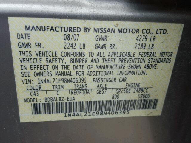 1N4AL21E98N406395 - 2008 NISSAN ALTIMA 2.5 BEIGE photo 10