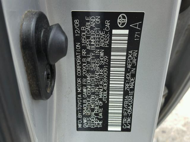 JTDBL40E899091739 - 2009 TOYOTA COROLLA BA SILVER photo 10