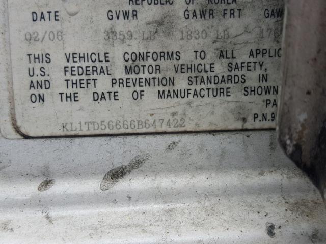 KL1TD56666B647422 - 2006 CHEVROLET AVEO BASE Biały zdjęcie 10