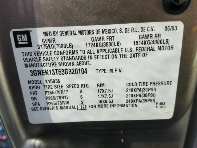 3GNEK13T63G320104 - 2003 CHEVROLET AVALANCHE GRAY photo 10