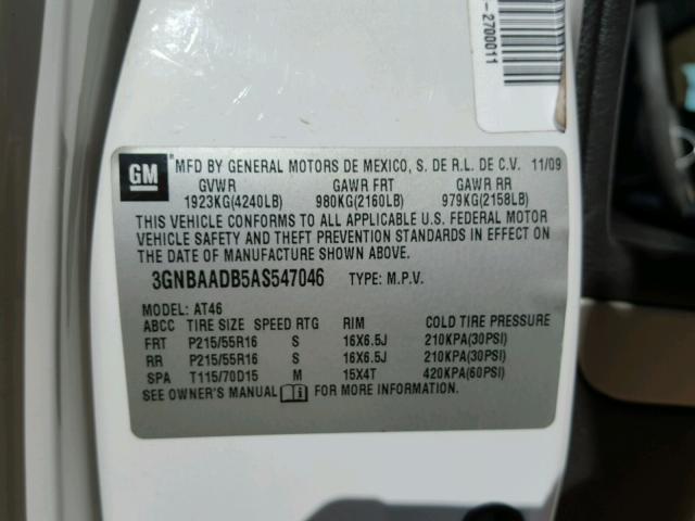 3GNBAADB5AS547046 - 2010 CHEVROLET HHR LS Blanco foto 10