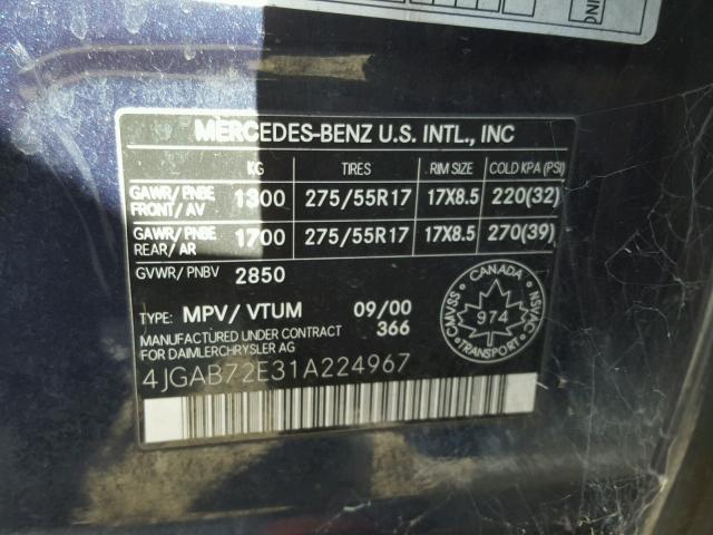 4JGAB72E31A224967 - 2001 MERCEDES-BENZ ML BLUE photo 10