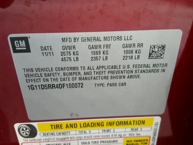 1G11D5RR4DF100072 - 2013 CHEVROLET MALIBU 1LT წითელი ფოტო 10