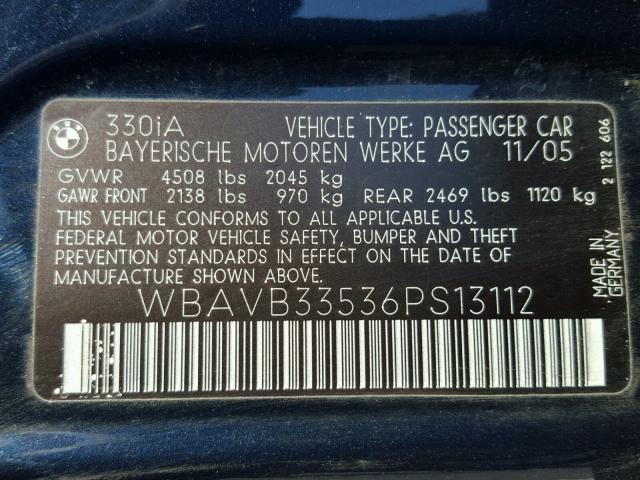 WBAVB33536PS13112 - 2006 BMW 330 I BLUE photo 10