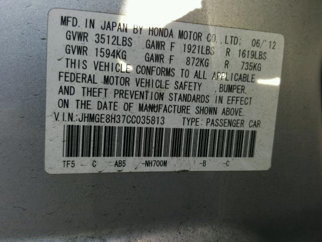 JHMGE8H37CC035813 - 2012 HONDA FIT SILVER photo 10