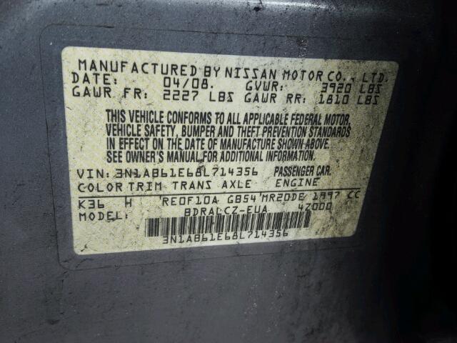 3N1AB61E68L714356 - 2008 NISSAN SENTRA 2.0 CHARCOAL photo 10