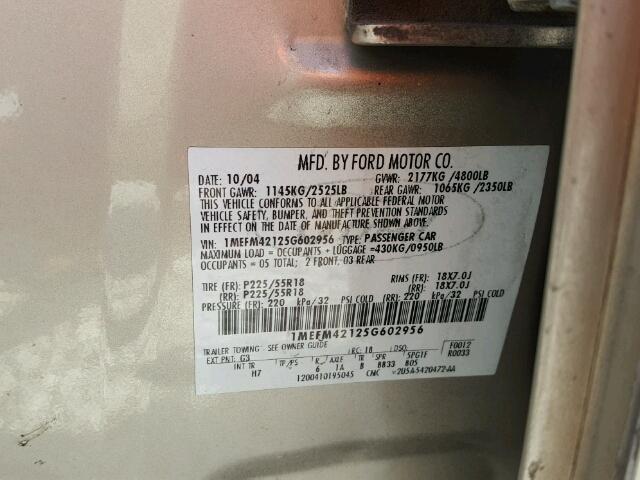 1MEFM42125G602956 - 2005 MERCURY MONTEGO PR 棕色 照片 10