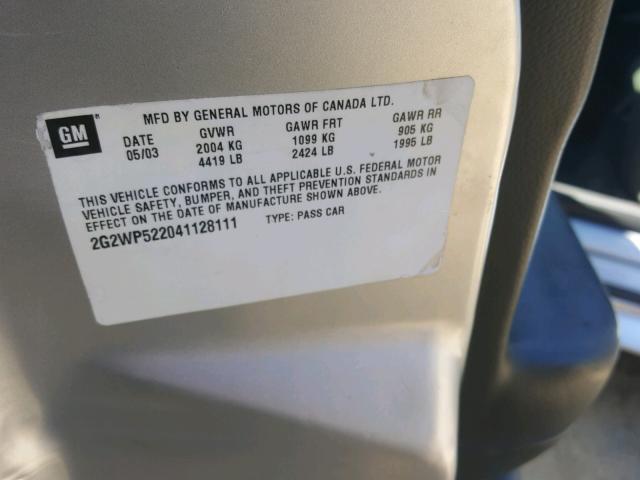 2G2WP522041128111 - 2004 PONTIAC GRAND PRIX ვერცხლისფერი ფოტო 10