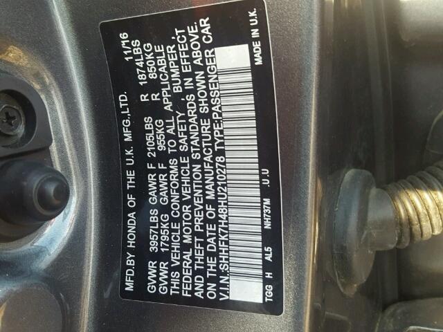 SHHFK7H48HU210278 - 2017 HONDA CIVIC SPOR CHARCOAL photo 10