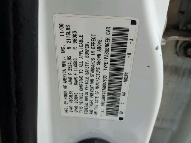 19UUA66207A007630 - 2007 ACURA TL WHITE photo 10