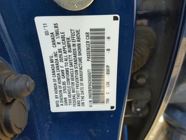 2HGFB2F95CH505071 - 2012 HONDA CIVIC EXL 蓝色 照片 10