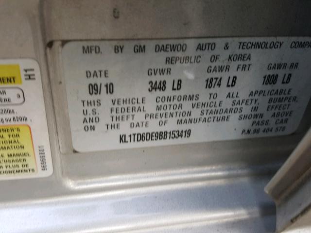 KL1TD6DE9BB153419 - 2011 CHEVROLET AVEO LS SILVER photo 10