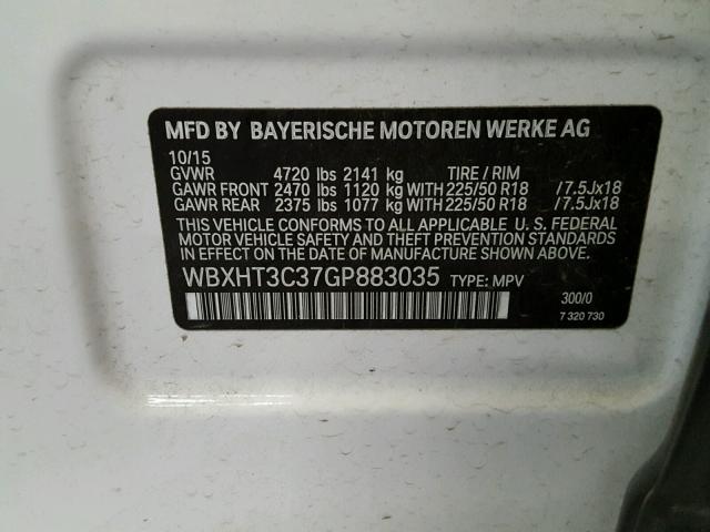 WBXHT3C37GP883035 - 2016 BMW X1 XDRIVE2 WHITE photo 10