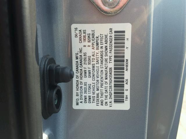 2HGFC3B79GH354006 - 2016 HONDA CIVIC EXL 银色 照片 10