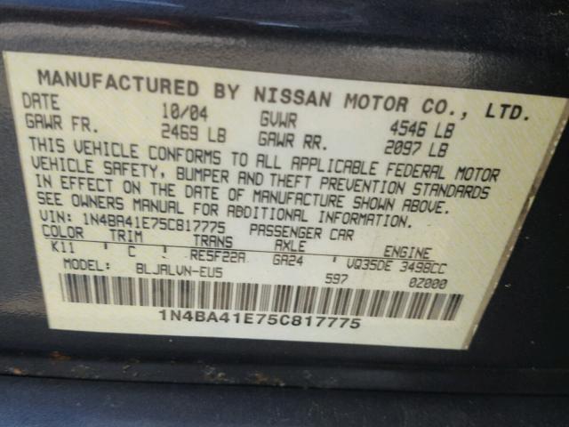 1N4BA41E75C817775 - 2005 NISSAN MAXIMA SE GRAY photo 10