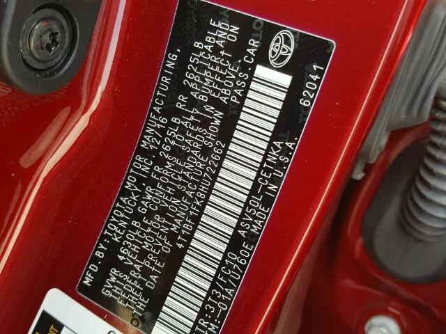 4T1BF1FK8HU722662 - 2017 TOYOTA CAMRY LE 红色 照片 10