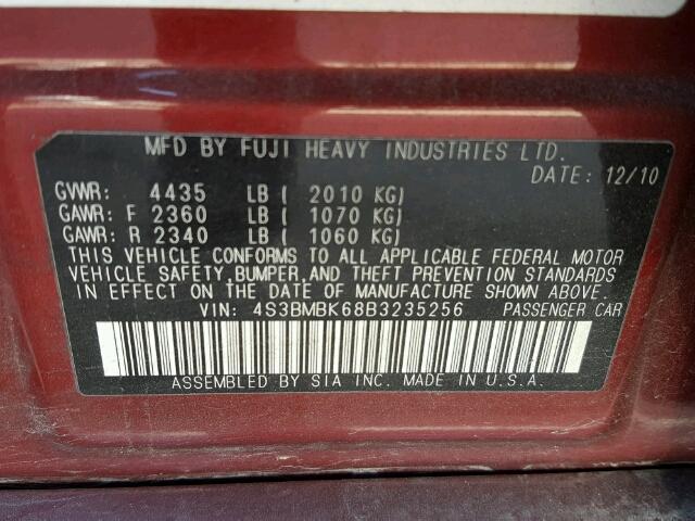 4S3BMBK68B3235256 - 2011 SUBARU LEGACY 2.5 MAROON photo 10