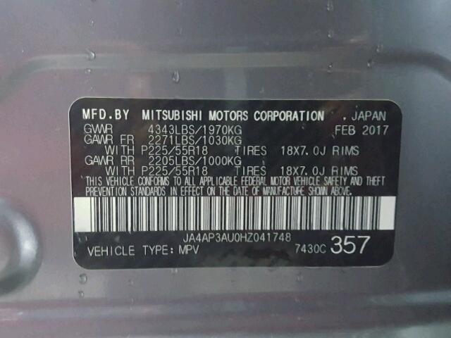 JA4AP3AU0HZ041748 - 2017 MITSUBISHI OUTLANDER GRAY photo 10