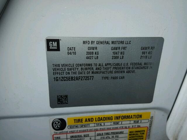 1G1ZC5EB2AF272577 - 2010 CHEVROLET MALIBU 1LT WHITE photo 10