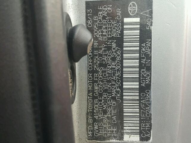 JTKJF5C73E3078067 - 2014 TOYOTA SCION TC 银色 照片 10