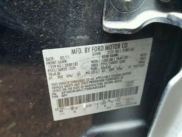 2FMDK4KC7BBA92263 - 2011 FORD EDGE GRAY photo 10