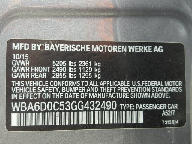 WBA6D0C53GG432490 - 2016 BMW 640 I GRAY photo 10