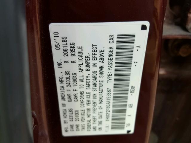 1HGCP2F80AA153587 - 2010 HONDA ACCORD EXL MAROON photo 10