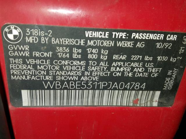 WBABE5311PJA04784 - 1993 BMW 318 IS RED photo 10