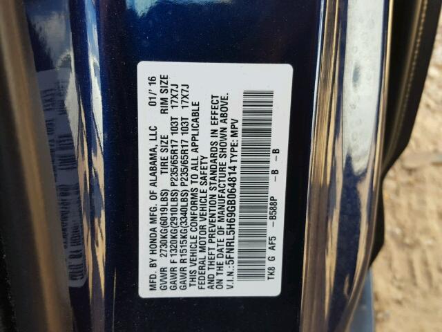 5FNRL5H69GB064814 - 2016 HONDA ODYSSEY EX BLUE photo 10