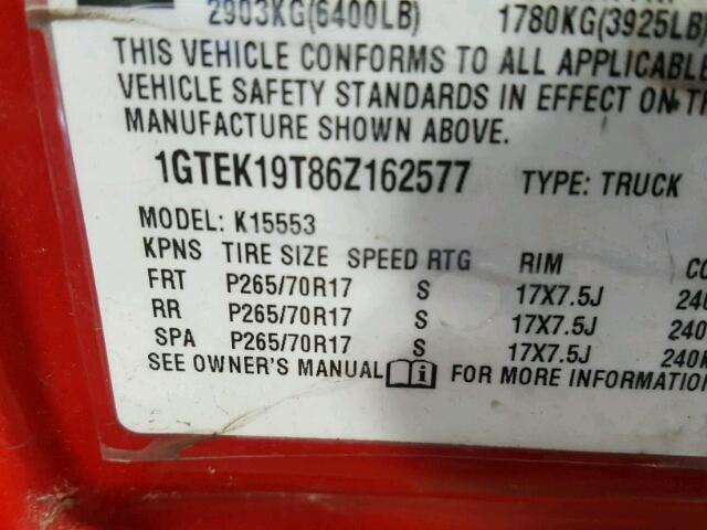 1GTEK19T86Z162577 - 2006 GMC NEW SIERRA RED photo 10