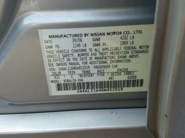 1N4AL11D46N452019 - 2006 NISSAN ALTIMA S SILVER photo 10