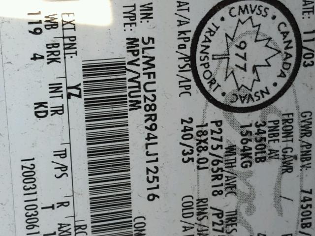 5LMFU28R94LJ12516 - 2004 LINCOLN NAVIGATOR 白色 照片 10