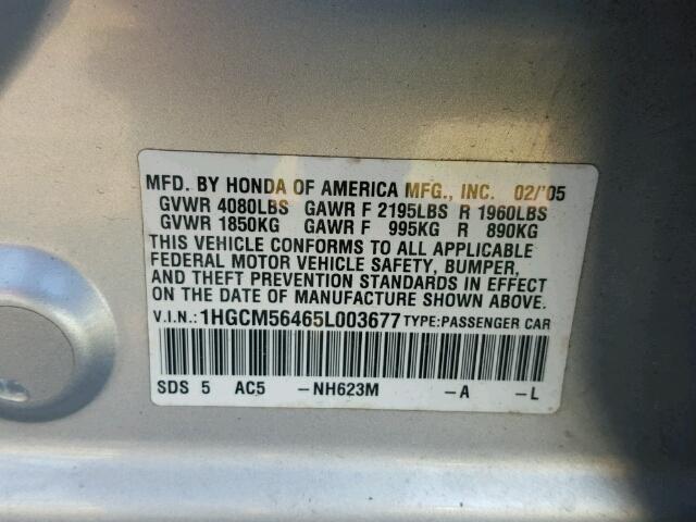 1HGCM56465L003677 - 2005 HONDA ACCORD SILVER photo 10