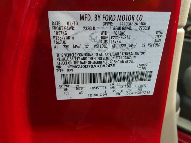 1FMCU0D78AKB82475 - 2010 FORD ESCAPE XLT RED photo 10